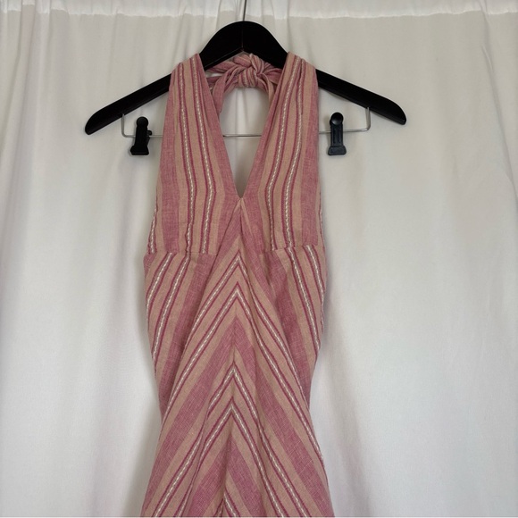 Venus Linen Maxi Dress Pink Stripped Size 6 Crossover Halter Cottagecore - Picture 4 of 13